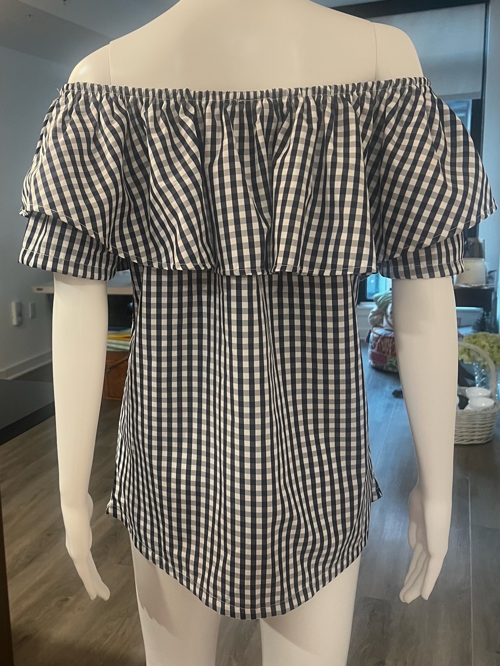Kaktus Navy and White Gingham Off-Shoulder Ruffle Top - Picture 3 of 7